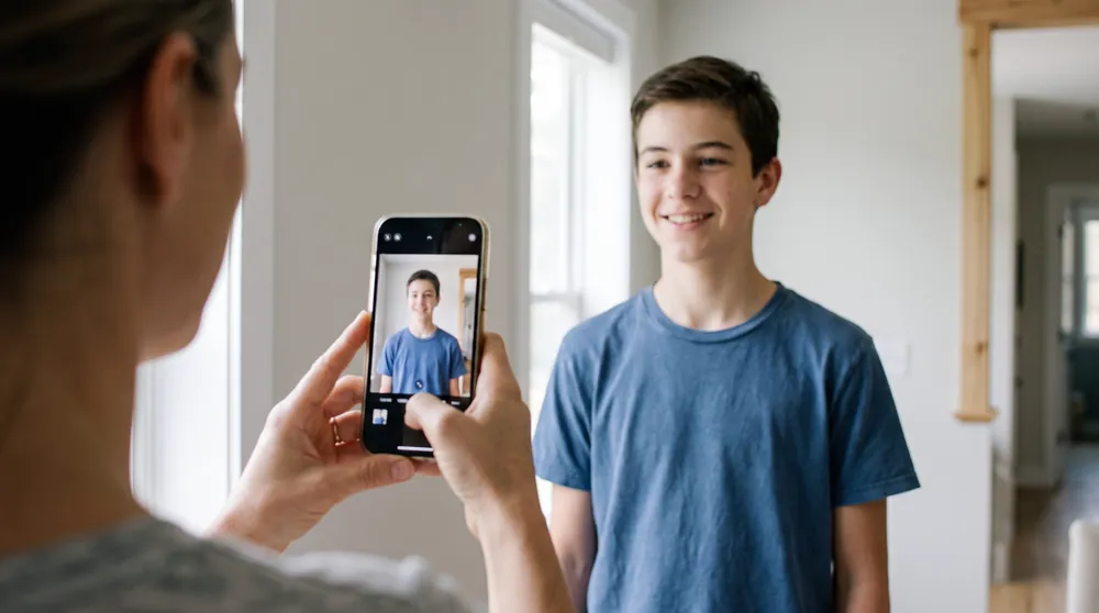 A teenager being photographed with a smartphone in a bright room at home