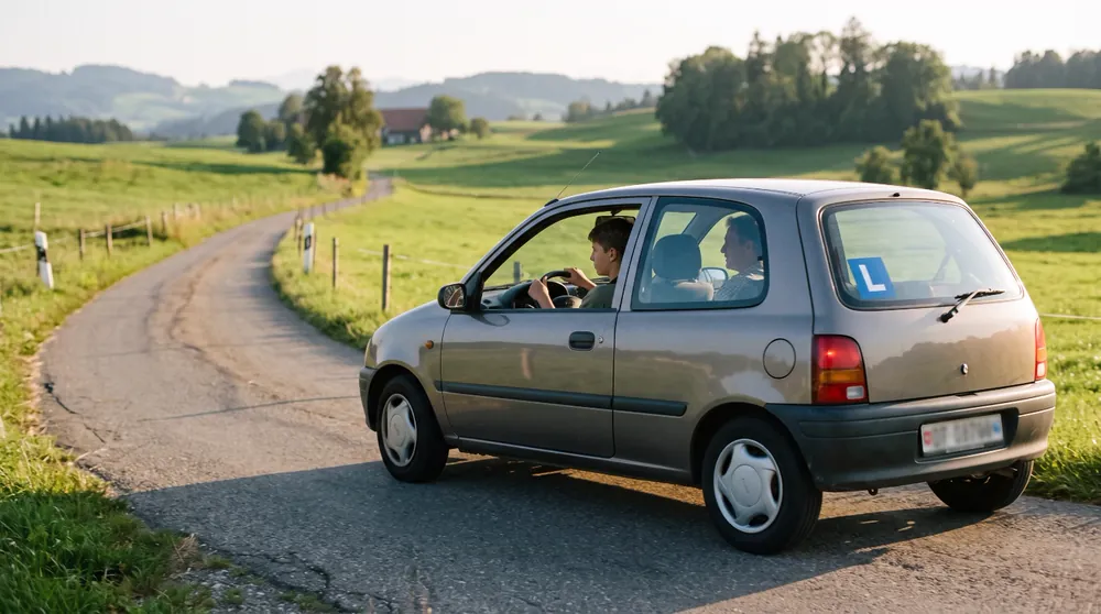 Un ragazzo alla guida di un’auto con il cartello L su una strada di campagna, accompagnato da una persona adulta