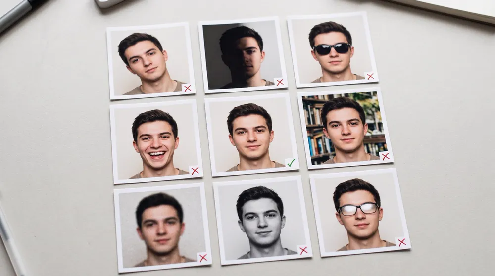 Neuf photos d’identité de la même personne: une seule est correcte, les autres sont penchées, trop sombres, avec lunettes de soleil, bouche ouverte, devant un fond chargé, floues, en noir et blanc ou avec des lunettes qui reflètent